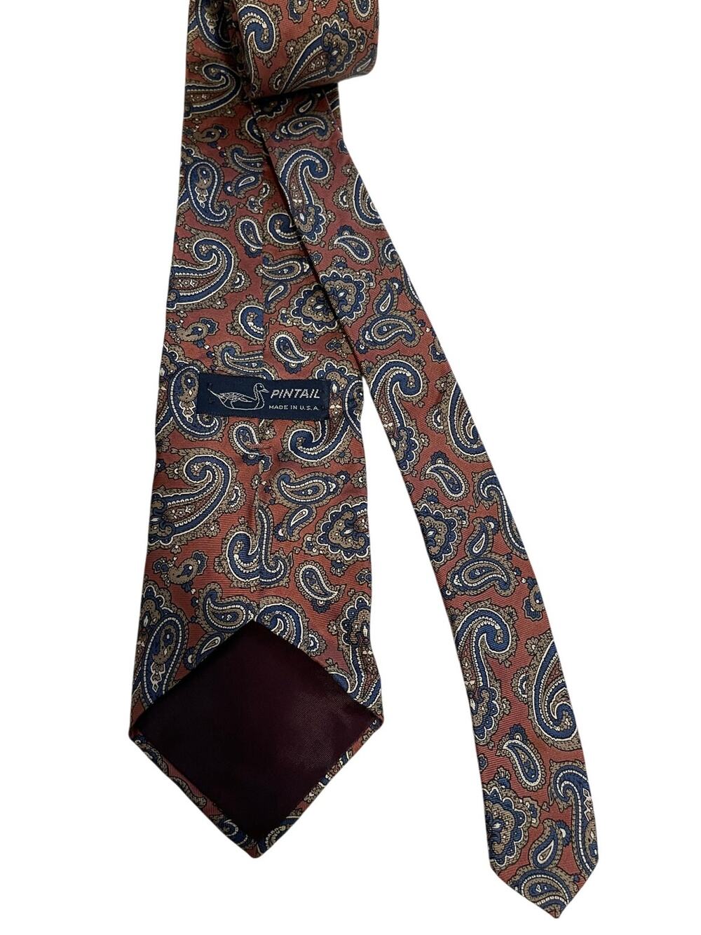 Vintage Pintail Brand Red & Blue Paisley Print 100% Silk Necktie Retro Tie
